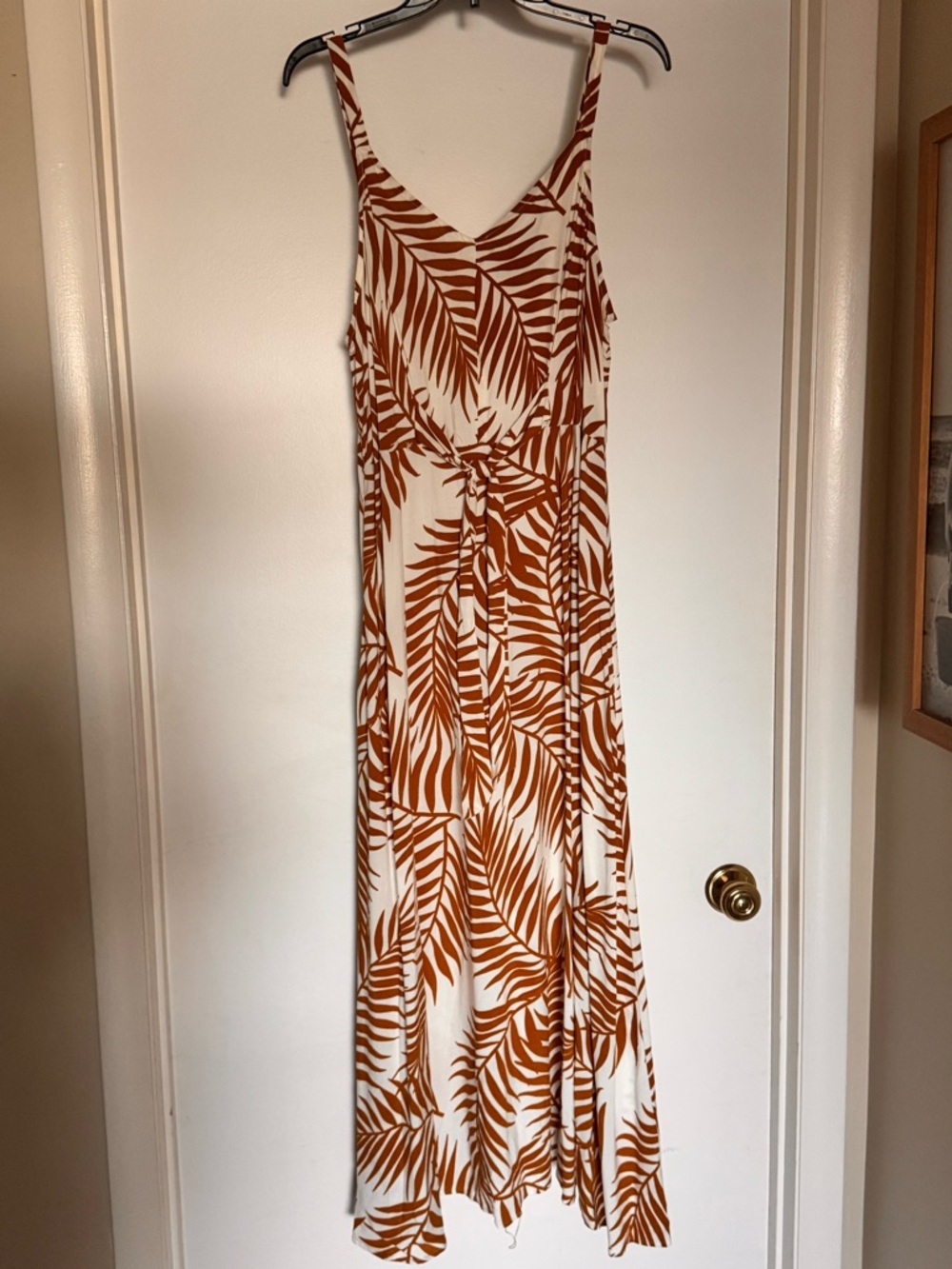 Sleeveless White and Rust Palm-Print Maxi Dress